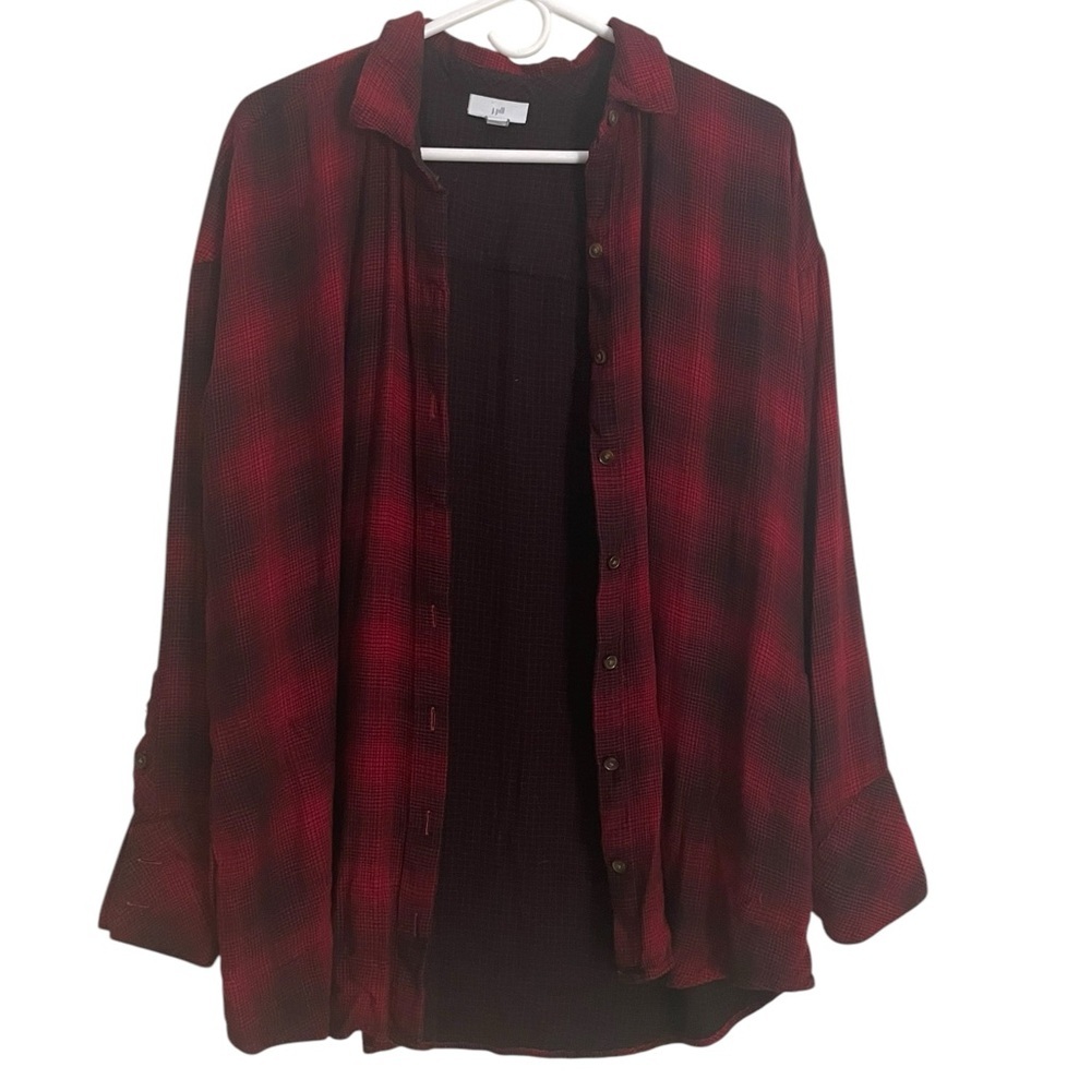 J. Jill Red Plaid Double Layer Shirt Jacket Shacket w/ Pockets Grunge Large‎
